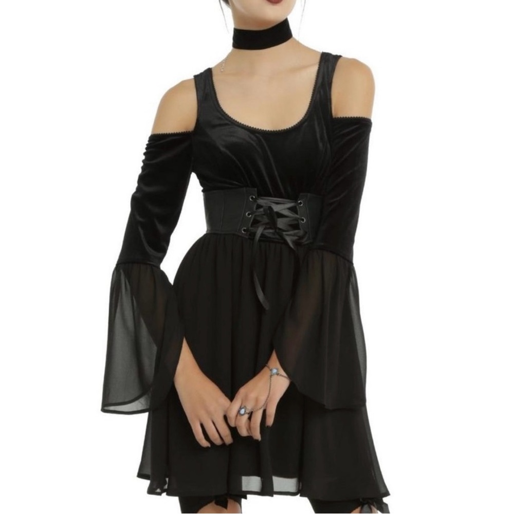 Hot Topic Velvet and Chiffon Black Corset Cold Shoulder Dress - Woman’s Size M